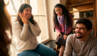 Junge Menschen sitzen fröhlich zusammen (GoVolunteer)