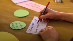 Hand schreibt das Wort Solidarität auf einen Zettel