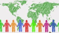 Zeichnung: Weltkarte mit Menschenkette